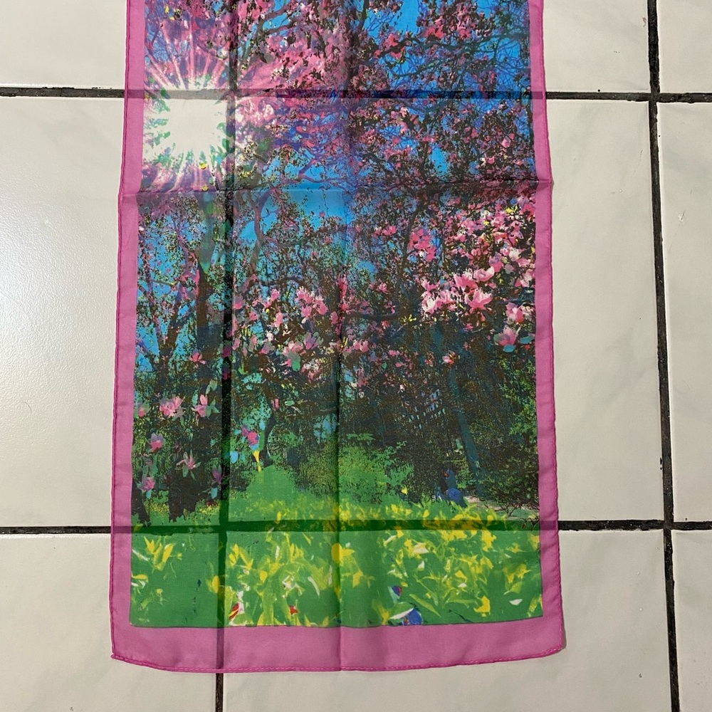 Kim Rogers; Pink Flowers and Leaves 🍃 Scarf with Skyline